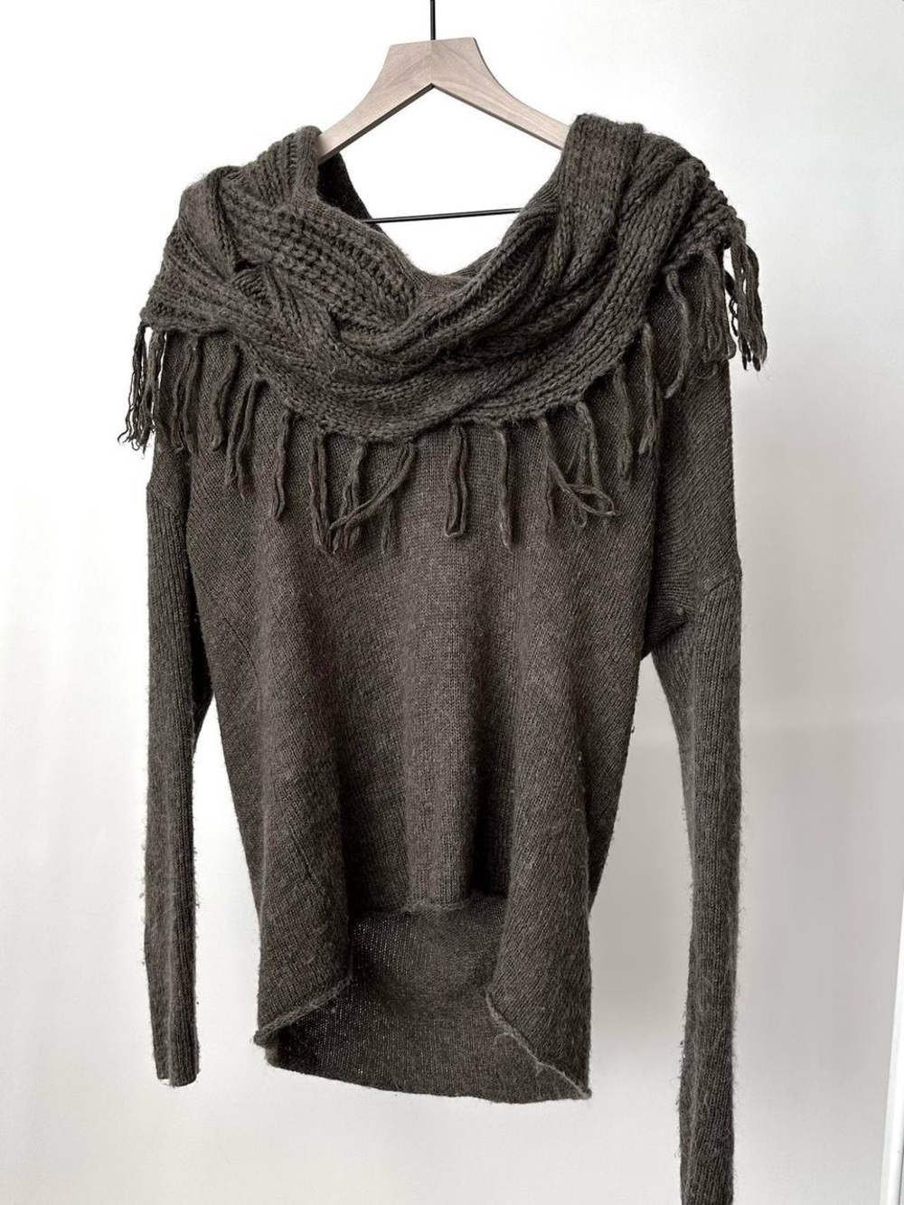 Fringe Knit Off-Shoulder Sweater in Dark Olive Wool Sweater SIZE- L